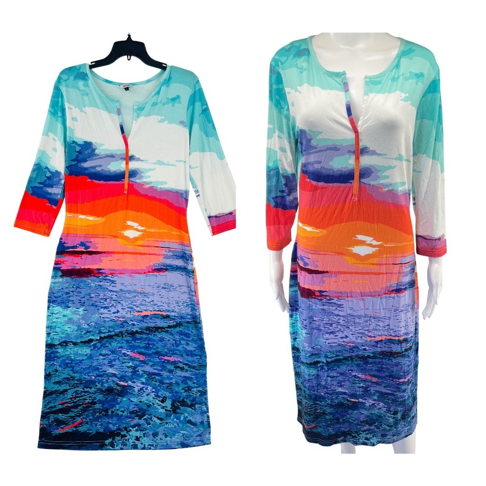The Kit Vibrant Sunset Ocean Print Coastal Dress Size L Bamboo Cotton Tropical